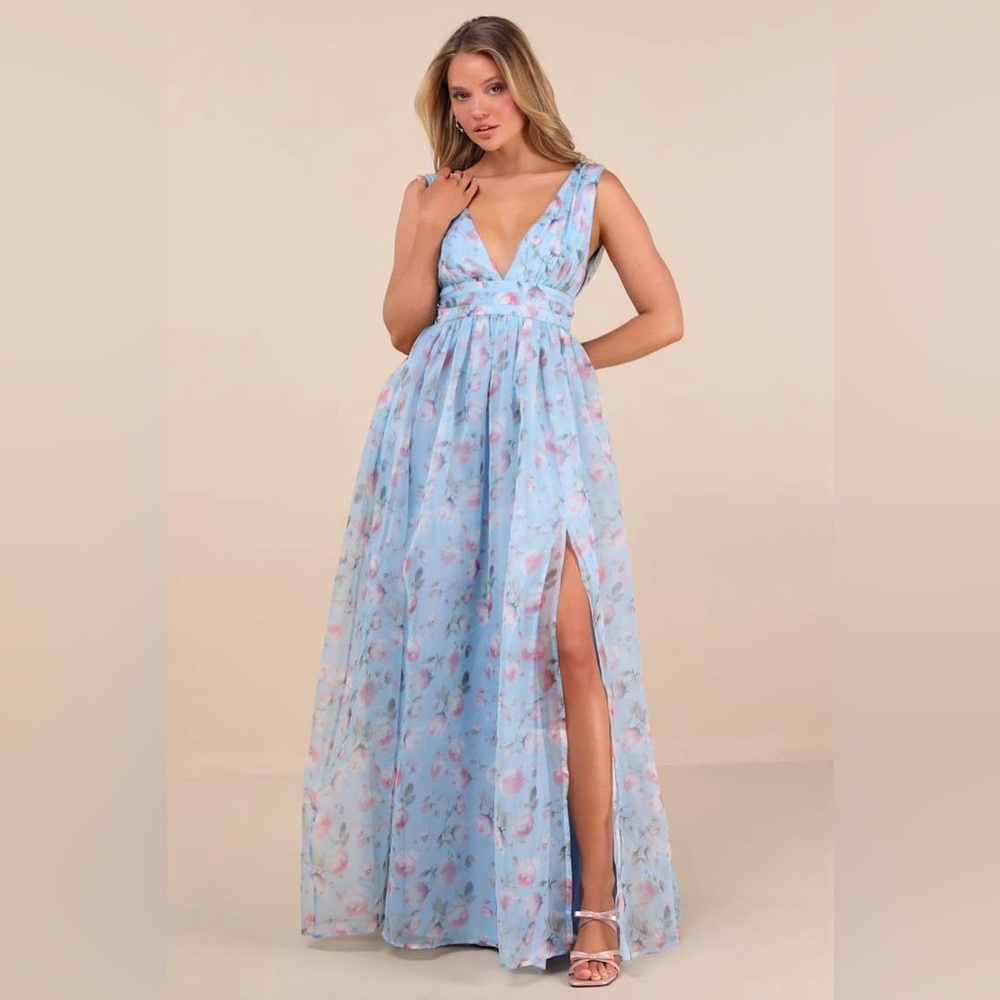 LULU’S Garden Romance Light Blue Floral Print Organza Maxi Dress - Picture 5 of 6